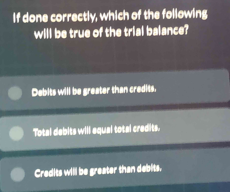 If done correctly, which of the following
will be true of the trial balance?
Debits will be greater than credits,
Total debits will equal total credits,
Credits will be greater than debits,