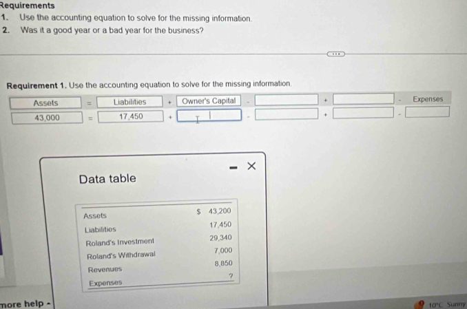 Requirements 
1. Use the accounting equation to solve for the missing information. 
2. Was it a good year or a bad year for the business? 
Requirement 1. Use the accounting equation to solve for the missing information 
Assets = Liabilities + Owner's Capital . Expenses
43,000 = 17 450 T = + 
× 
Data table 
$ 
Assets 43,200
Liabilities 17,450
Roland's Investment 29,340
Roland's Withdrawal 7,000
Revenues 8,850
? 
Expenses 
more help . Sunny
10°C