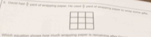 David had  a/v  yard of wrapping paper. He used  4/7  yard of wrapping paper to wrap some gifts . 
Which equation shows how much wrapping paper is remaining ste