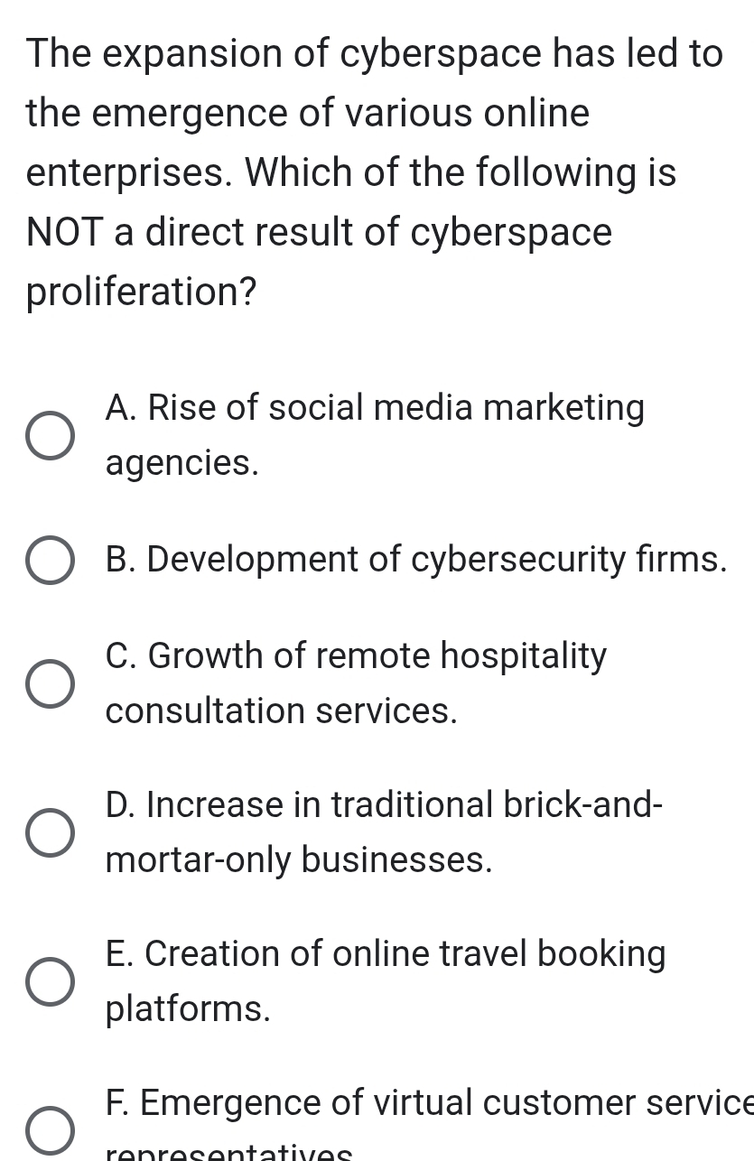 The expansion of cyberspace has led to
the emergence of various online
enterprises. Which of the following is
NOT a direct result of cyberspace
proliferation?
A. Rise of social media marketing
agencies.
B. Development of cybersecurity firms.
C. Growth of remote hospitality
consultation services.
D. Increase in traditional brick-and-
mortar-only businesses.
E. Creation of online travel booking
platforms.
F. Emergence of virtual customer service
renresentatives