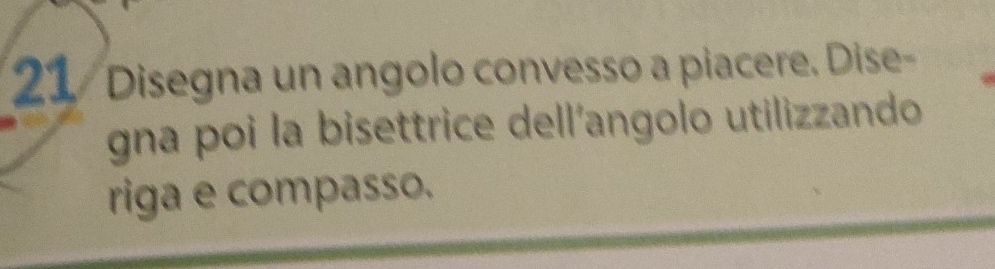 Disegna un angolo convesso a piacere. Dise- 
gna poi la bisettrice dell’angolo utilizzando 
riga e compasso.