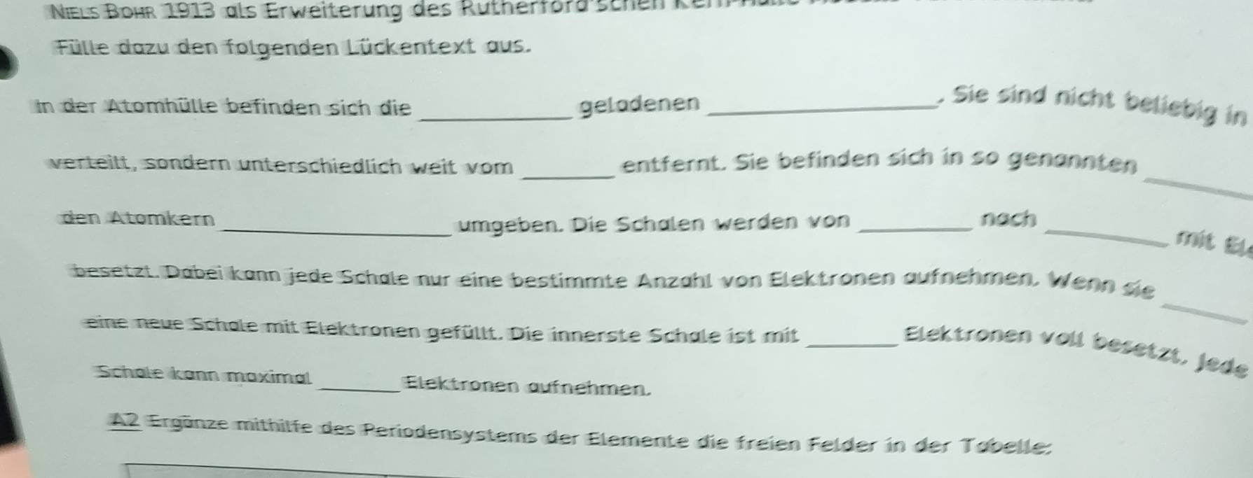 Nels Bohr 1913 als Erweiterung des Rutherförschen k 
Fülle dazu den folgenden Lückentext aus. 
In der Atomhülle befinden sich die _geladenen_ 
. Sie sind nicht beliebig in 
_ 
verteilt, sondern unterschiedlich weit vom _entfernt. Sie befinden sich in so genannten 
_ 
den Ätomkern _nach 
_umgeben. Die Schalen werden von 
mit Eu 
_ 
besetzt. Dabei kann jede Schale nur eine bestimmte Anzahl von Elektronen aufnehmen. Wenn sie 
eine neue Schale mit Elektronen gefüllt. Die innerste Schale ist mit_ 
Elektronen voll besetzt, jede 
Schale kann maximal _Elektronen aufnehmen. 
A2 Ergänze mithilfe des Periodensystems der Elemente die freien Felder in der Tobelle;