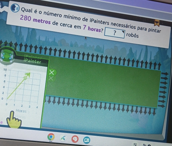 Qual é o número mínimo de iPainters necessários para pintar
280 metros de cerca em 7 horas? ? robôs 
iDalet 
iPainter 
0 
Horas