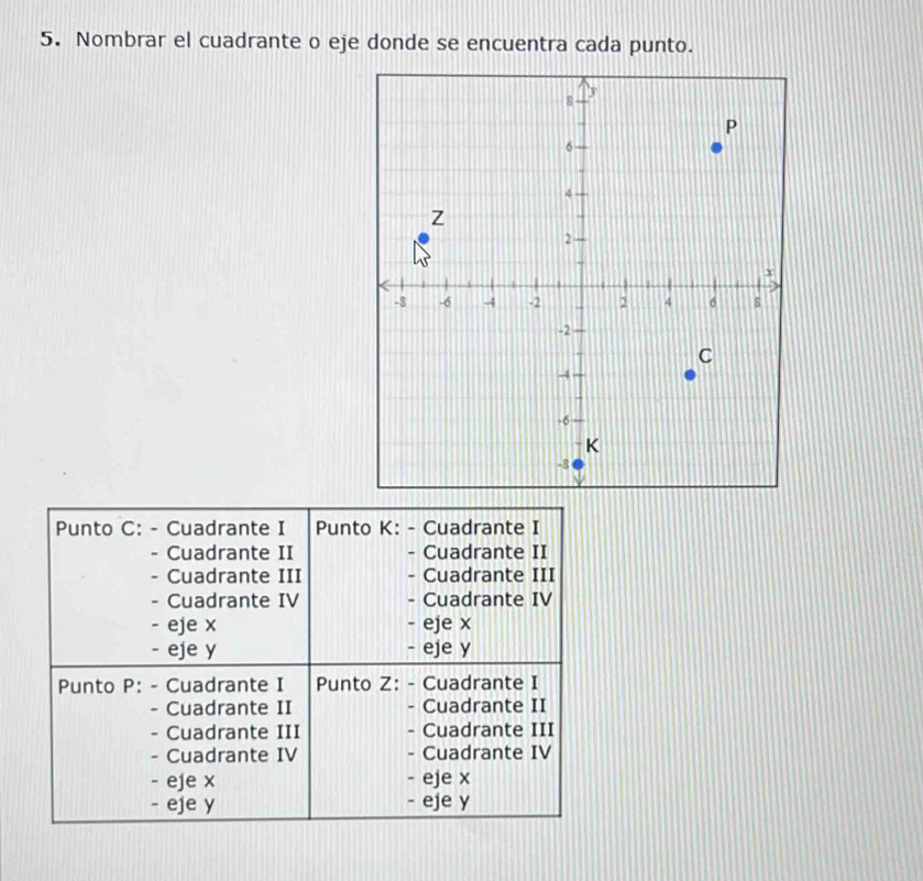 Nombrar el cuadrante o eje donde se encuentra cada punto.
Punto C: - Cuadrante I Punto K: - Cuadrante I
Cuadrante II - Cuadrante II. Cuadrante III - Cuadrante III
- Cuadrante IV - Cuadrante IV
- eje x - eje x
- eje y - eje y
Punto P: - Cuadrante I Punto Z: - Cuadrante I
- Cuadrante II - Cuadrante II
、 Cuadrante III - Cuadrante III
- Cuadrante IV - Cuadrante IV
- eje x - eje x
- eje y - eje y