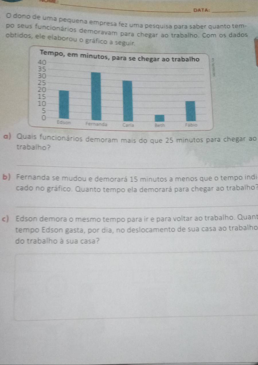 DATA:_ 
O dono de uma pequena empresa fez uma pesquisa para saber quanto tem- 
po seus funcionários demoravam para chegar ao trabalho. Com os dados 
obtidos, ele elaborou o gráfico a seguir. 
α) Quais funcionários demoram mais do que 25 minutos para chegar ao 
trabalho? 
_ 
b) Fernanda se mudou e demorará 15 minutos a menos que o tempo indi 
cado no gráfico. Quanto tempo ela demorará para chegar ao trabalho? 
_ 
c) Edson demora o mesmo tempo para ir e para voltar ao trabalho. Quant 
tempo Edson gasta, por dia, no deslocamento de sua casa ao trabalho 
do trabalho à sua casa?