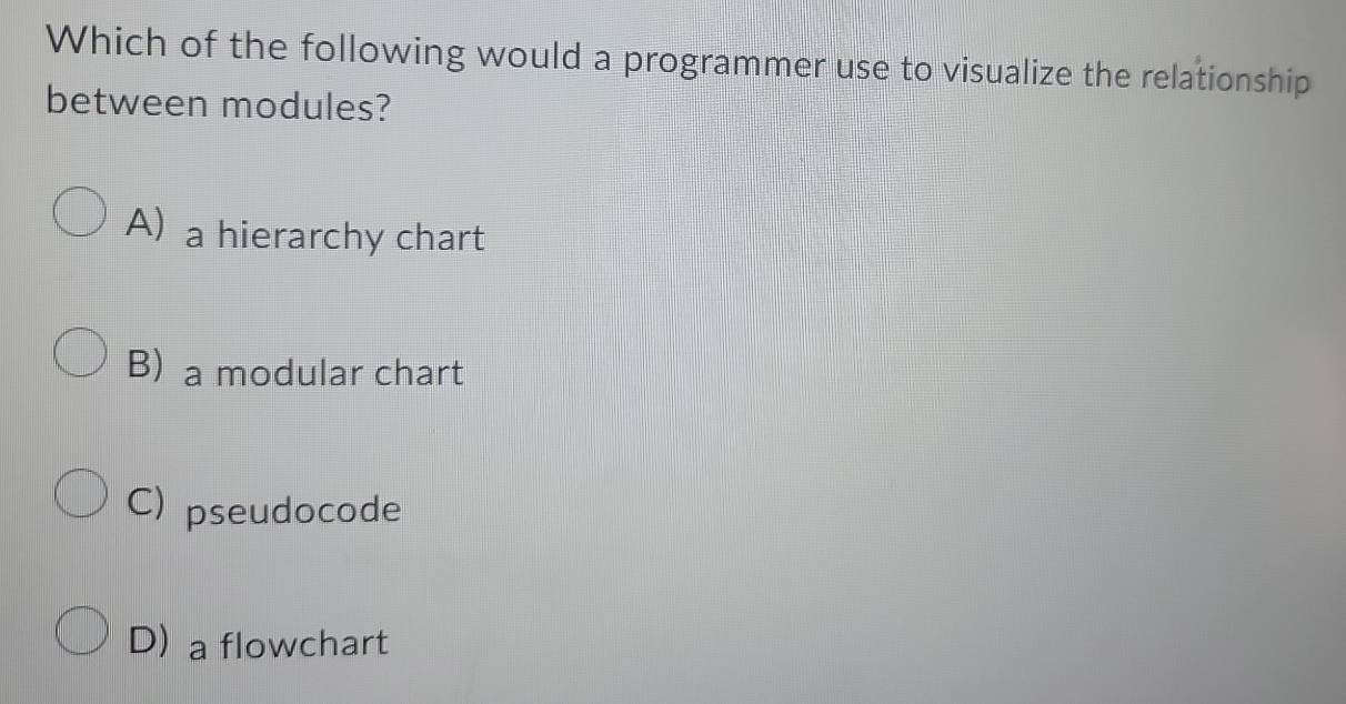 Which of the following would a programmer use to visualize the relationship
between modules?
A) a hierarchy chart
B) a modular chart
C) pseudocode
D) a flowchart