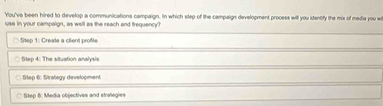 You've been hired to develop a communications campaign. In which step of the campaign development process will you identify the mix of media you wi 
use in your campaign, as well as the reach and frequency? 
Step 1: Create a client profile 
Step 4: The situation analysis 
Step 6: Strategy development 
Step 8: Media objectives and strategies