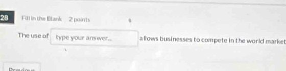 Fill in the Blank 2 points 
The use of type your answer... allows businesses to compete in the world market 
D