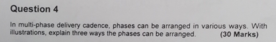 In multi-phase delivery cadence, phases can be arranged in various ways. With 
illustrations, explain three ways the phases can be arranged. (30 Marks)