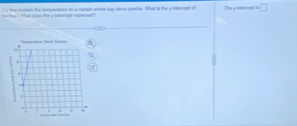 The line models the temperature on a certain winter day since sunrise. Vihat is the y -intercapt of The y intercept is □ 
the line? What does the y -intercapt represent?