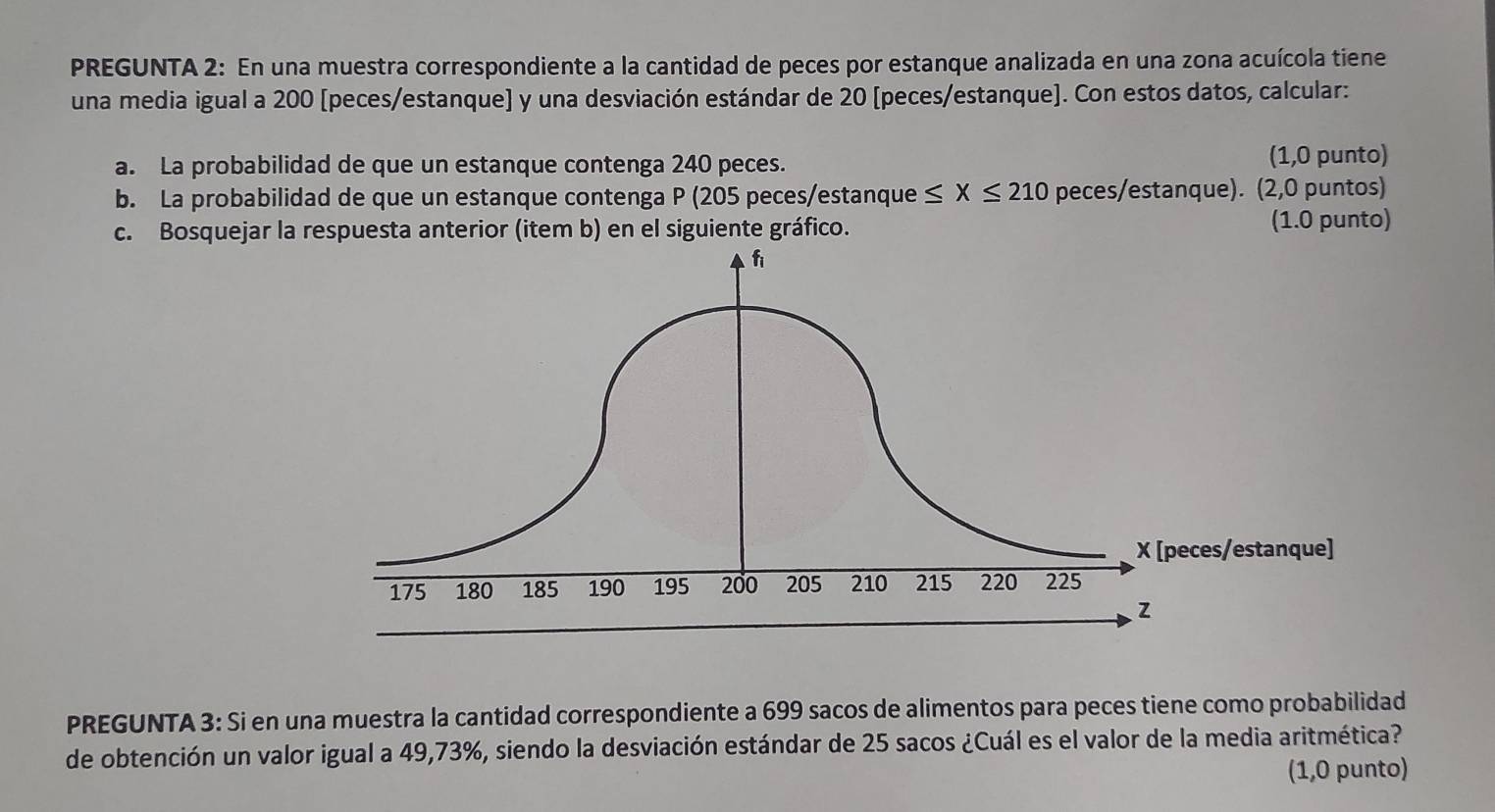 PREGUNTA 2: En una muestra correspondiente a la cantidad de peces por estanque analizada en una zona acuícola tiene 
una media igual a 200 [peces/estanque] y una desviación estándar de 20 [peces/estanque]. Con estos datos, calcular: 
a. La probabilidad de que un estanque contenga 240 peces. 
(1,0 punto) 
b. La probabilidad de que un estanque contenga P (205 peces/estanque ≤ X≤ 210 peces/estanque). (2,0 puntos) 
c. Bosquejar la respuesta anterior (item b) en el siguiente gráfico. 
(1.0 punto) 
s/estanque] 
PREGUNTA 3: Si en una muestra la cantidad correspondiente a 699 sacos de alimentos para peces tiene como probabilidad 
de obtención un valor igual a 49,73%, siendo la desviación estándar de 25 sacos ¿Cuál es el valor de la media aritmética? 
(1,0 punto)