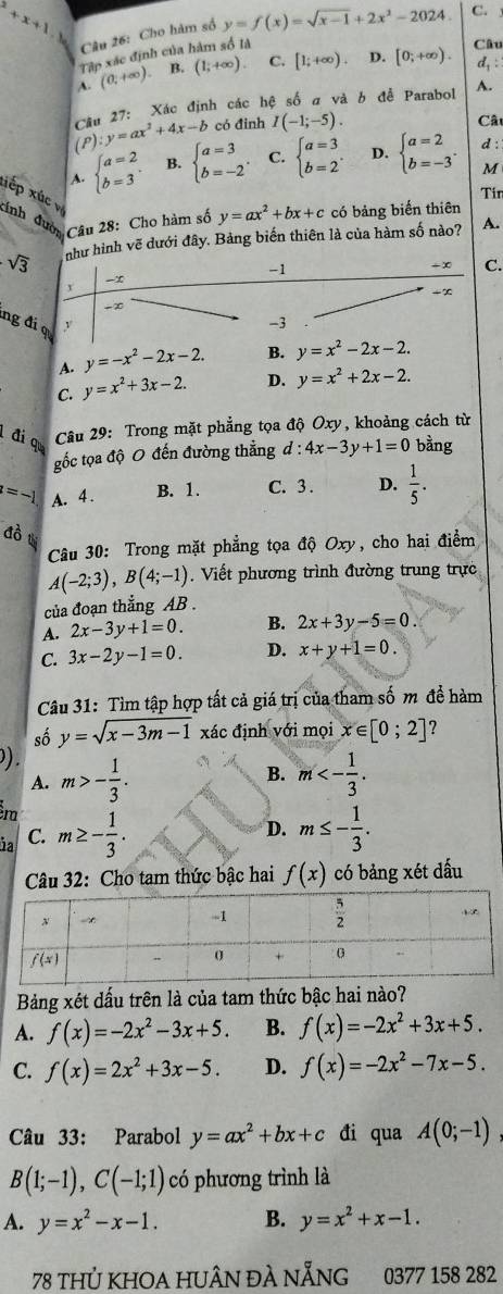 ^2+x+1
Câu 26: Cho hàm số y=f(x)=sqrt(x-1)+2x^2-2024. C.
Tập xác định của hàm số là
Câu
A. (0,+∈fty ). B. (1;+∈fty ). C. [1;+∈fty ). D. [0;+∈fty ). d_1:
Câu 27: Xác định các hệ số α và b đề Parabol A.
(P) y=ax^2+4x-b có đinh I(-1;-5).
Câu
A. beginarrayl a=2 b=3endarray. . B. beginarrayl a=3 b=-2endarray. . C. beginarrayl a=3 b=2endarray. . D. beginarrayl a=2 b=-3endarray. . d :
M
Tir
tếp xúc  
đính đườn Câu 28: Cho hàm số y=ax^2+bx+c có bảng biến thiên
sqrt(3) như hình vẽ dưới đây. Bảng biến thiên là của hàm số nào? A.
-1
-∞ C.
-∞
x
+∞
-∞
ng đi q y
-3
A. y=-x^2-2x-2. B. y=x^2-2x-2.
C. y=x^2+3x-2. D. y=x^2+2x-2.
đi qu
Câu 29: Trong mặt phẳng tọa độ Oxy, khoảng cách từ
gốc tọa độ 0 đến đường thẳng d:4x-3y+1=0 bằng
=-1 A. 4. B. 1. C. 3 . D.  1/5 .
đồ t
Câu 30: Trong mặt phẳng tọa độ Oxy, cho hai điểm
A(-2;3),B(4;-1). Viết phương trình đường trung trực
của đoạn thẳng AB .
A. 2x-3y+1=0. B. 2x+3y-5=0.
C. 3x-2y-1=0. D. x+y+1=0.
Câu 31: Tìm tập hợp tất cả giá trị của tham số m đề hàm
số y=sqrt(x-3m-1) xác định với mọi x∈ [0;2]
) .
B.
A. m>- 1/3 . m<- 1/3 .
m
ja C. m≥ - 1/3 .
D. m≤ - 1/3 .
Câu 32: Cho tam thức bậc hai f(x) có bảng xét dấu
Bảng xét dấu trên là của tam thức bậc hai nào?
A. f(x)=-2x^2-3x+5. B. f(x)=-2x^2+3x+5.
C. f(x)=2x^2+3x-5. D. f(x)=-2x^2-7x-5.
Câu 33: Parabol y=ax^2+bx+c đi qua A(0;-1)
B(1;-1),C(-1;1) có phương trình là
A. y=x^2-x-1. B. y=x^2+x-1.
78 thủ khOA HUÂN đà nẵng 0377 158 282