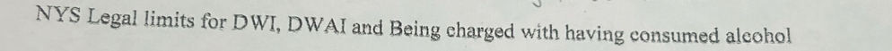 NYS Legal limits for DWI, DWAI and Being charged with having consumed alcohol