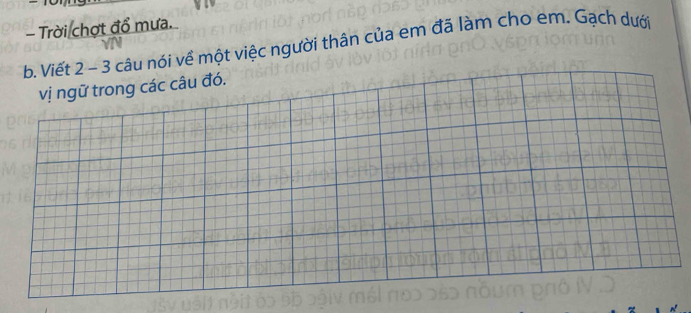 Trời chợt đổ mưa. 
b. Viết 2 - 3 câu nói về một việc người thân của em đã làm cho em. Gạch dưới 
vị ngữ trong các câu đó.