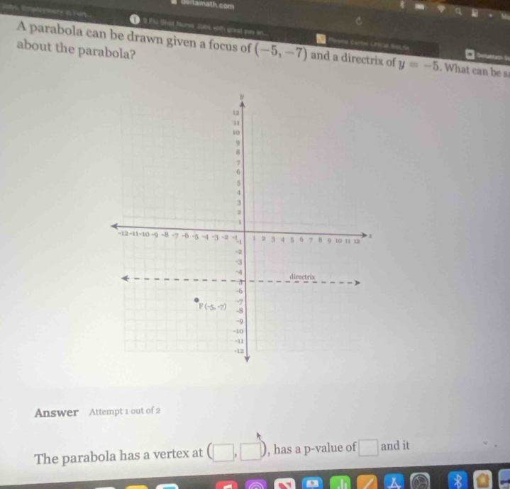 deltamath.com
9 Ehi Shot Morse (004 with great pay in.
A parabola can be drawn given a focus of (-5,-7) and a directrix of y=-5. What can be s Wtan
he Gürhut LPN at Sost re
about the parabola?
Answer Attempt 1 out of 2
The parabola has a vertex at □ , has a p-value of overline  and it
_ 