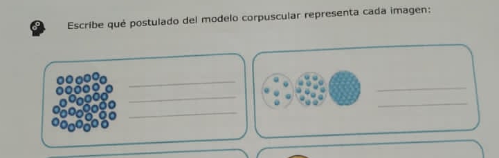 Escribe qué postulado del modelo corpuscular representa cada imagen: 
_ 
_ 
_ 
_ 
_