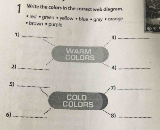 Write the colors in the correct web diagram. 
red • green • yellow • blue • gray • orange 
brown • purple 
1)_ 
3)_ 
WARM 
COLORS 
2)_ 
4)_ 
5)_ 
7)_ 
COLD 
COLORS 
6)_ 
8)_