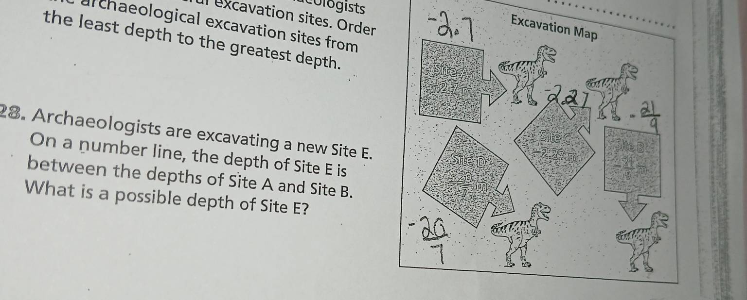 acologists 
Il excavation sites. Order 
archaeological excavation sites from 
the least depth to the greatest depth. 
28. Archaeologists are excavating a new Site E. 
On a number line, the depth of Site E is 
between the depths of Site A and Site B. 
What is a possible depth of Site E?