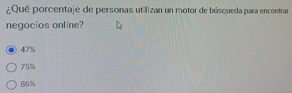 ¿Qué porcentaje de personas utilizan un motor de búsqueda para encontrar
negocios online?
47%
75%
86%