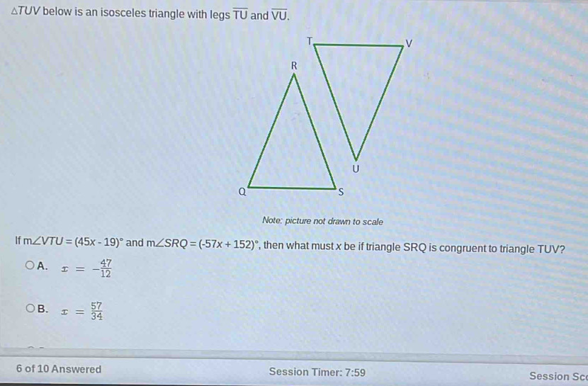 Solved: TUV below is an isosceles triangle with legs overline TU and ...