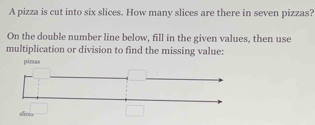 A pizza is cut into six slices. How many slices are there in seven pizzas?
On the double number line below, fill in the given values, then use
multiplication or division to find the missing value:
slices
□