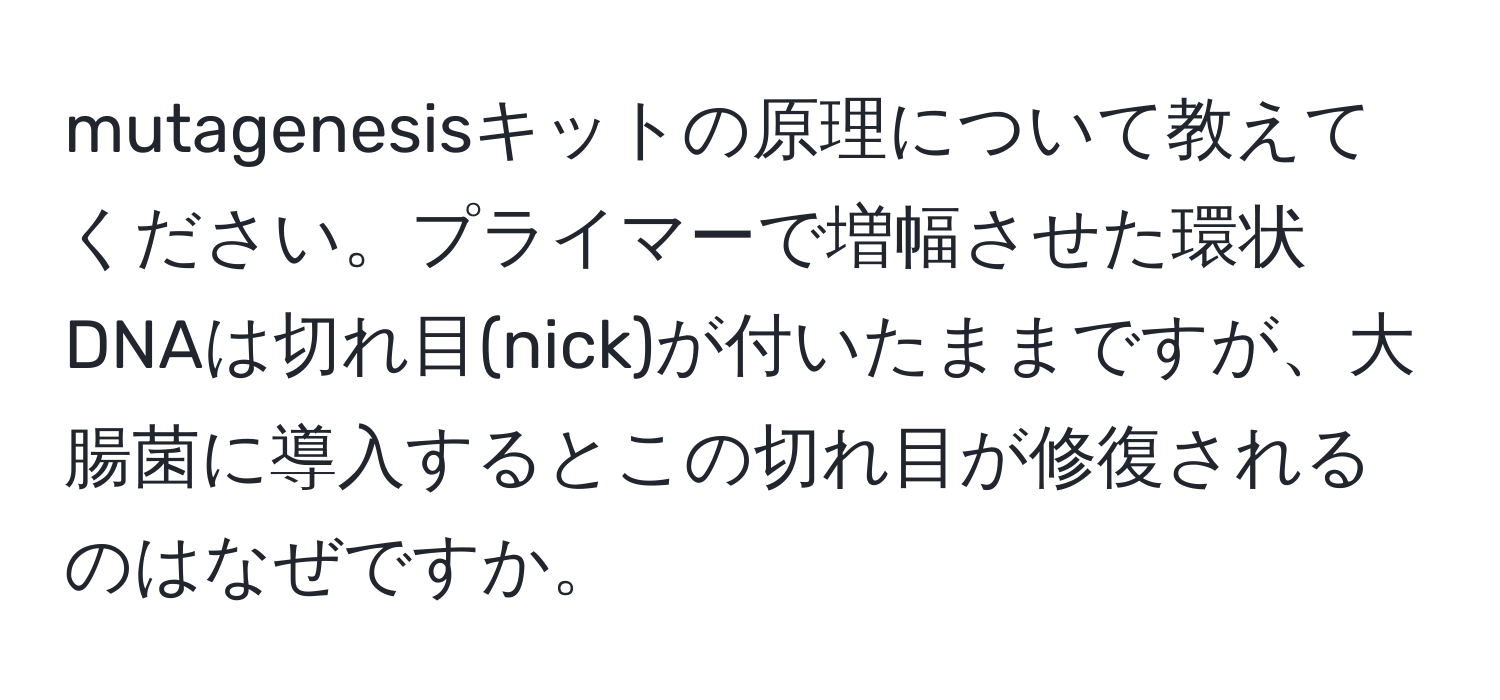 mutagenesisキットの原理について教えてください。プライマーで増幅させた環状DNAは切れ目(nick)が付いたままですが、大腸菌に導入するとこの切れ目が修復されるのはなぜですか。