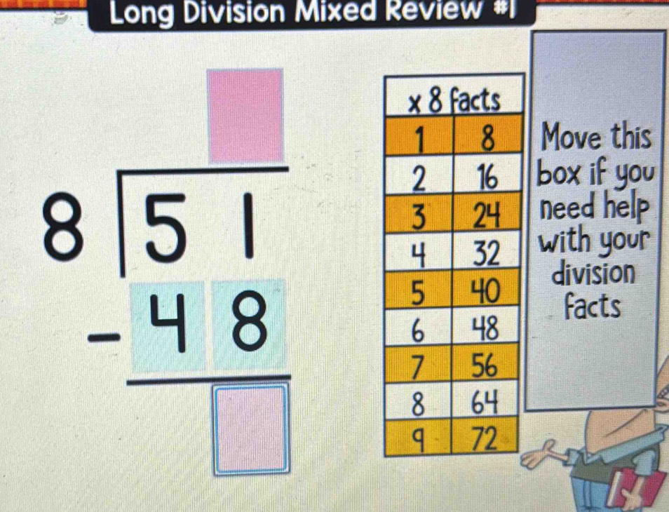 Long Division Mixed Review #1
beginarrayr 8encloselongdiv 51 -48 hline □ endarray
Move this
box if you
need help
with your
division
facts