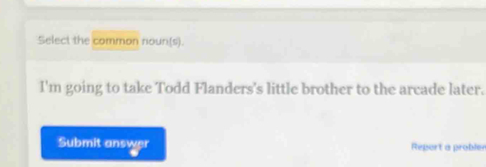 Select the common noun(s). 
I'm going to take Todd Flanders's little brother to the arcade later. 
Submit answer Repert a problen