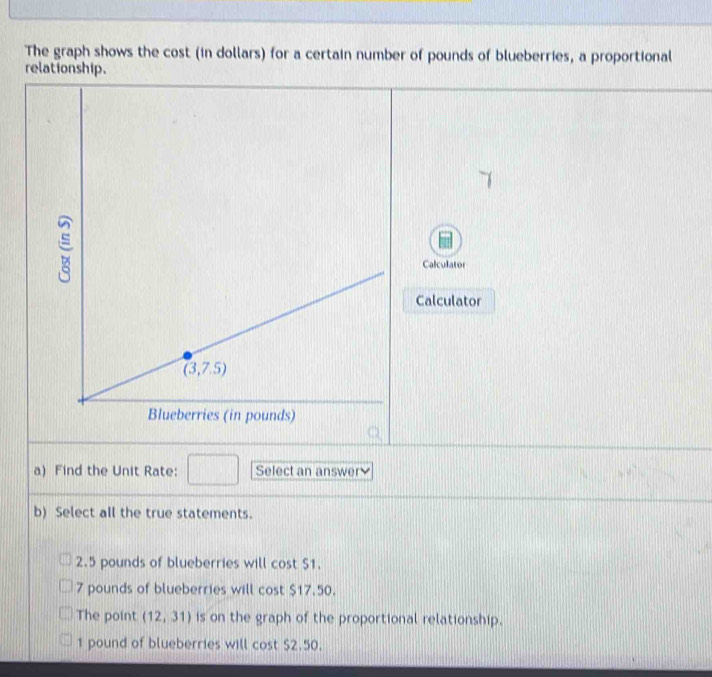 The graph shows the cost (in dollars) for a certain number of pounds of blueberries, a proportional
relationship.
Calculator
Calculator
a) Find the Unit Rate: Select an answer
b) Select all the true statements.
2.5 pounds of blueberries will cost $1.
7 pounds of blueberries will cost $17.50.
The point (12,31) is on the graph of the proportional relationship.
1 pound of blueberries will cost $2.50.