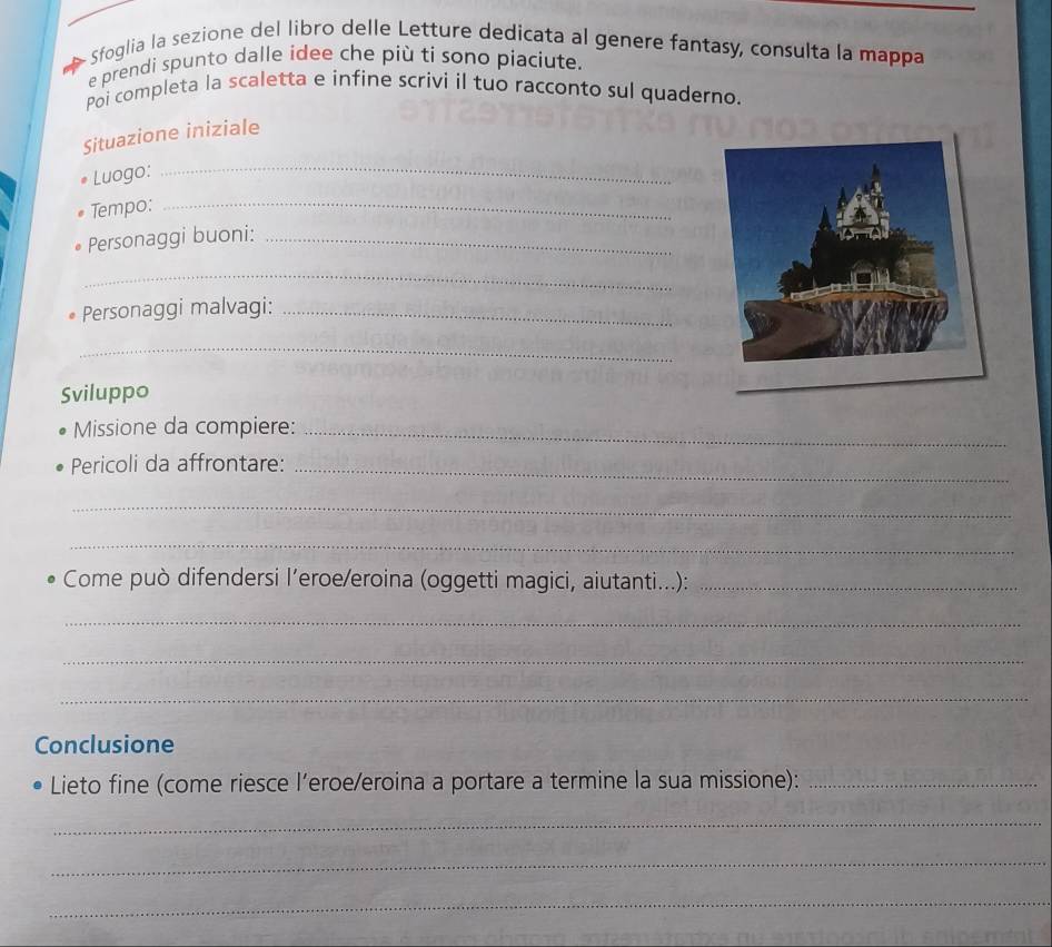 Sfoglia la sezione del libro delle Letture dedicata al genere fantasy, consulta la mappa 
e prendi spunto dalle idee che più ti sono piaciute. 
Poi completa la scaletta e infine scrivi il tuo racconto sul quaderno. 
Situazione iniziale 
Luogo: 
_ 
Tempo: 
_ 
Personaggi buoni:_ 
_ 
Personaggi malvagi:_ 
_ 
Sviluppo 
Missione da compiere:_ 
Pericoli da affrontare:_ 
_ 
_ 
Come può difendersi l’eroe/eroina (oggetti magici, aiutanti...):_ 
_ 
_ 
_ 
Conclusione 
Lieto fine (come riesce l’eroe/eroina a portare a termine la sua missione):_ 
_ 
_ 
_