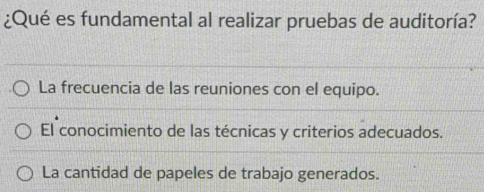 ¿Qué es fundamental al realizar pruebas de auditoría?
La frecuencia de las reuniones con el equipo.
El conocimiento de las técnicas y criterios adecuados.
La cantidad de papeles de trabajo generados.