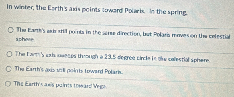 In winter, the Earth's axis points toward Polaris. In the spring,
The Earth's axis still points in the same direction, but Polaris moves on the celestial
sphere.
The Earth's axis sweeps through a 23.5 degree circle in the celestial sphere.
The Earth's axis still points toward Polaris.
The Earth's axis points toward Vega.