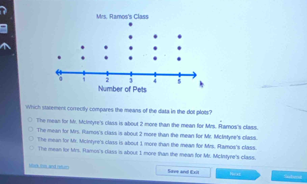 Which statement correctly compares the means of the data in the dot plots?
The mean for Mr. McIntyre's class is about 2 more than the mean for Mrs. Ramos's class.
The mean for Mrs. Ramos's class is about 2 more than the mean for Mr. McIntyre's class.
The mean for Mr. Mcintyre's class is about 1 more than the mean for Mrs. Ramos's class.
The mean for Mrs. Ramos's class is about 1 more than the mean for Mr. McIntyre's class.
Mark thsis and return Save and Exit Next Submit