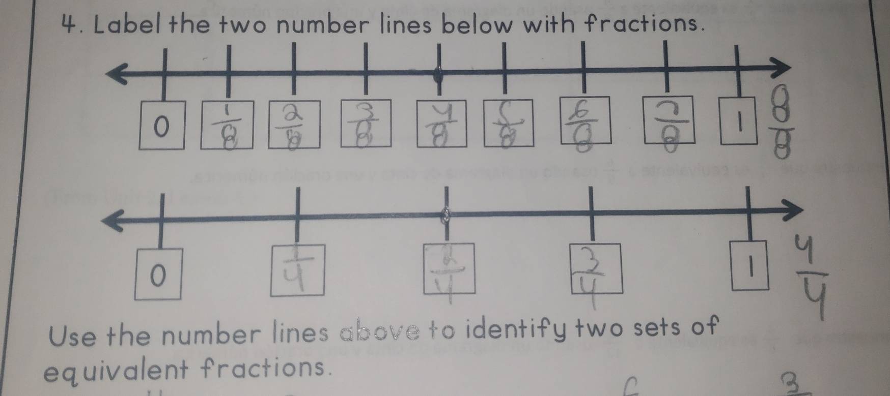 Label the two number lines below with fractions. 
Use the number lines above to identify two sets of 
equivalent fractions.