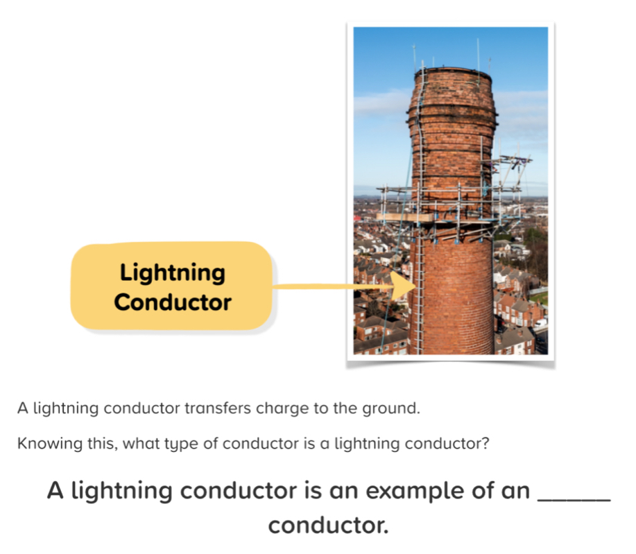 A lightning conductor transfers charge to the ground. 
Knowing this, what type of conductor is a lightning conductor? 
A lightning conductor is an example of an_ 
conductor.