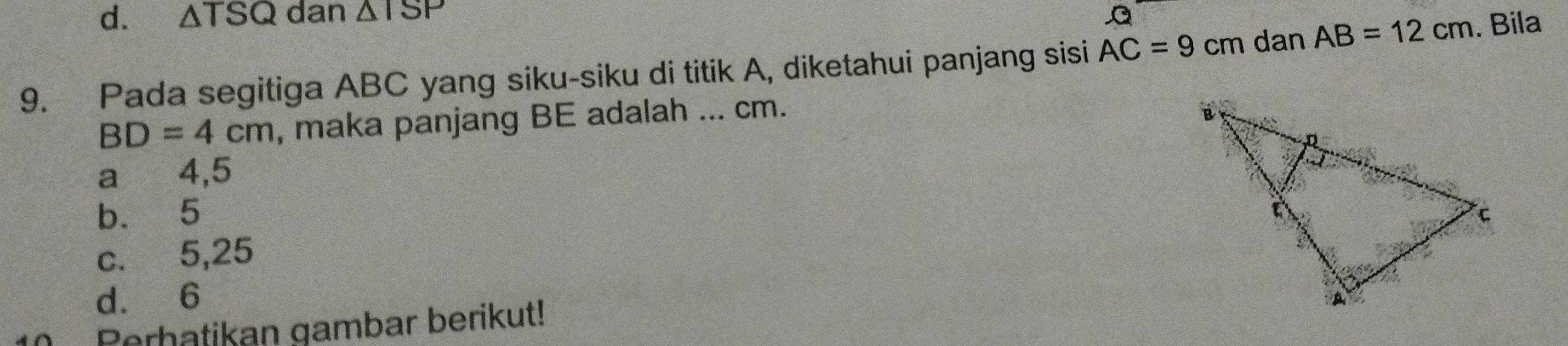 d. △ TSQ dan △ ISP Q
9. Pada segitiga ABC yang siku-siku di titik A, diketahui panjang sisi AC=9cm dan AB=12cm. Bila
BD=4cm , maka panjang BE adalah ... cm.
a 4,5
b. 5
c. 5,25
d. 6
Perhatikan gambar berikut!