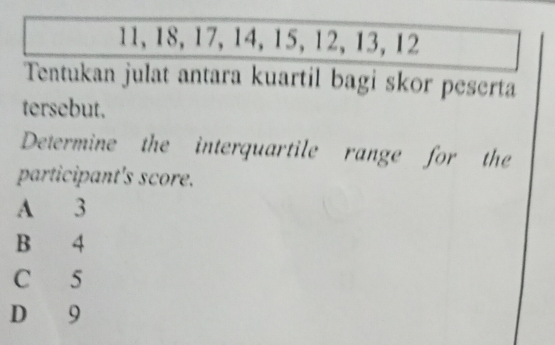 11, 18, 17, 14, 15, 12, 13, 12
Tentukan julat antara kuartil bagi skor peserta
tersebut.
Determine the interquartile range for the
participant's score.
A 3
B 4
C 5
D 9