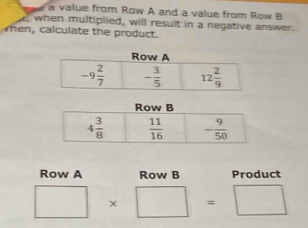 a value from Row A and a value from Row B
, when multiplied, will result in a negative answer.
Then, calculate the product.
Row A Row B Product
□ * □ =□