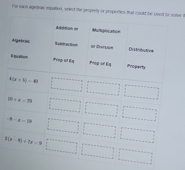 For each aigebraic equation, select the proplve i