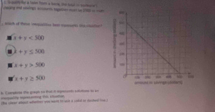 To gully for a loan from a back, the total in somkonet
checkng and savings accounts together must be $560 or mum
Which of these inequalities bess represents this situation?
x+y<500</tex>
x+y≤ 500
x+y>500
x+y≥ 500
b. Complete the graph so that it represents solutions to an
inequality representing this situation.
[Be clear about whether you want to use a solid or dashed line.)