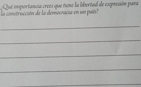 Qué importancia crees que tiene la libertad de expresión para 
la construcción de la democracia en un país? 
_ 
_ 
_ 
_ 
_