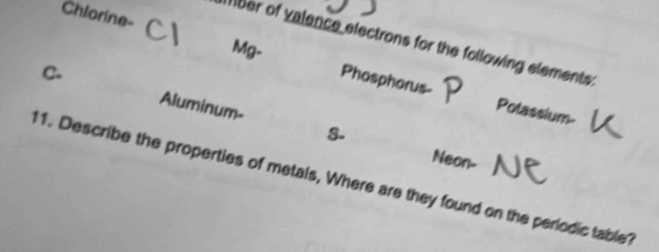 Chlorine- 
ber of valence electrons for the following elements 
Mg- 
C. Aluminum- 
Phosphorus- Potassium- 
S- 
Neon- 
11. Describe the properties of metals, Where are they found on the periodic table?