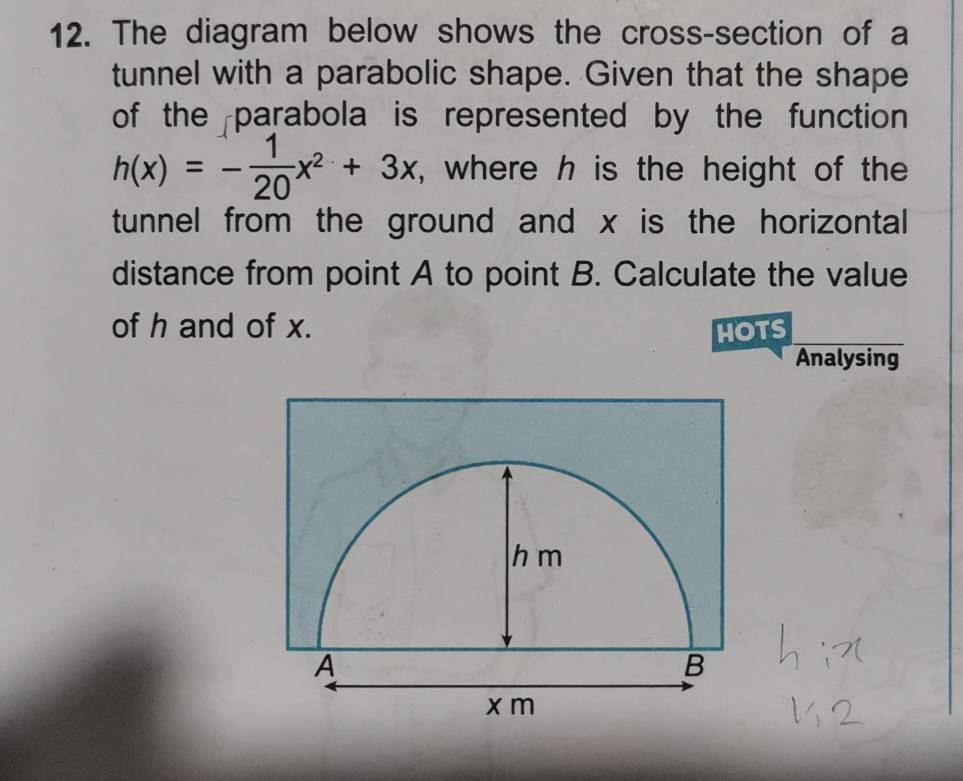 The diagram below shows the cross-section of a 
tunnel with a parabolic shape. Given that the shape 
of the parabola is represented by the function
h(x)=- 1/20 x^2+3x , where h is the height of the 
tunnel from the ground and x is the horizontal 
distance from point A to point B. Calculate the value 
of h and of x. HOTS 
Analysing