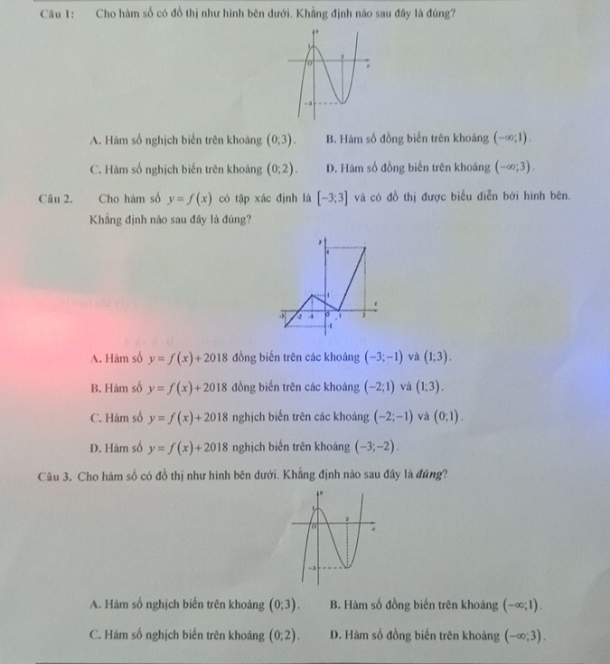 Cho hàm số có đồ thị như hình bên dưới. Khẳng định nào sau đây là đúng?
A. Hàm số nghịch biến trên khoảng (0;3). B. Hàm số đồng biến trên khoảng (-∈fty ;1).
C. Hàm số nghịch biến trên khoảng (0;2). D. Hàm số đồng biến trên khoảng (-∈fty ;3). 
Câu 2. Cho hàm số y=f(x) có tập xác định là [-3;3] và có đồ thị được biểu diễn bởi hình bên.
Khẳng định nào sau đây là đúng?
,
1
4 。 1 j
-1
A. Hàm số y=f(x)+2018 đồng biến trên các khoảng (-3;-1) và (1;3).
B. Hàm số y=f(x)+2018 đồng biến trên các khoảng (-2;1) và (1;3).
C. Hàm số y=f(x)+2018 nghịch biến trên các khoảng (-2;-1) và (0;1).
D. Hàm số y=f(x)+2018 nghịch biến trên khoảng (-3;-2). 
Câu 3. Cho hàm số có đồ thị như hình bên dưới. Khẳng định nào sau đây là đúng?
A. Hàm số nghịch biến trên khoảng (0;3). B. Hàm số đồng biến trên khoảng (-∈fty ;1).
C. Hàm số nghịch biến trên khoảng (0;2). D. Hàm số đồng biến trên khoảng (-∈fty ;3).