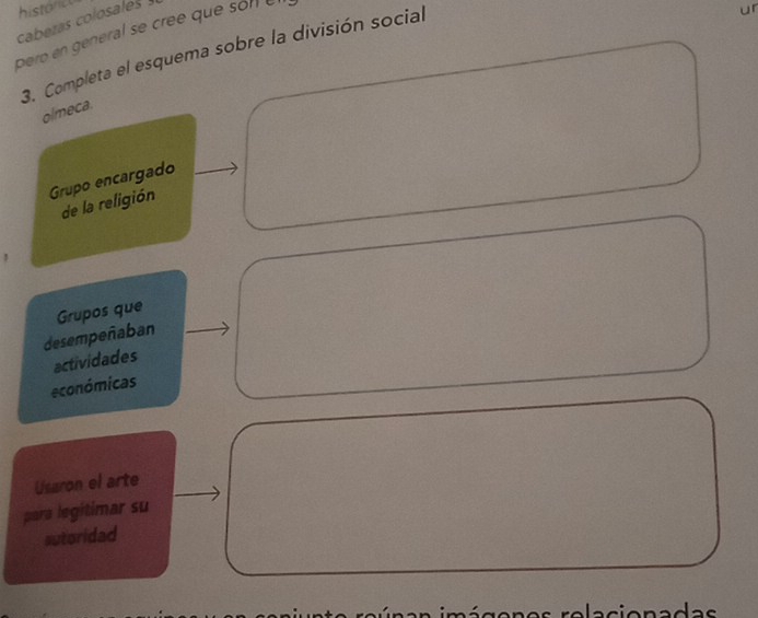 historc 
caberas colosales 
pero en general se crée que son el 
3. Completa el esquema sobre la división social 
olmeca. 
Grupo encargado 
de la religión 
Grupos que 
desempeñaban 
actividades 
económicas 
Usaron el arte 
para legitimar su 
autoridad 
cio n a das