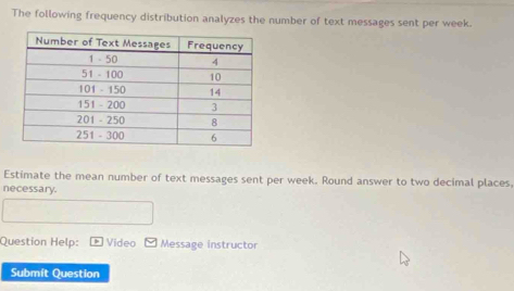 The following frequency distribution analyzes the number of text messages sent per week. 
Estimate the mean number of text messages sent per week. Round answer to two decimal places 
necessary. 
Question Help: Video Message instructor 
Submit Question