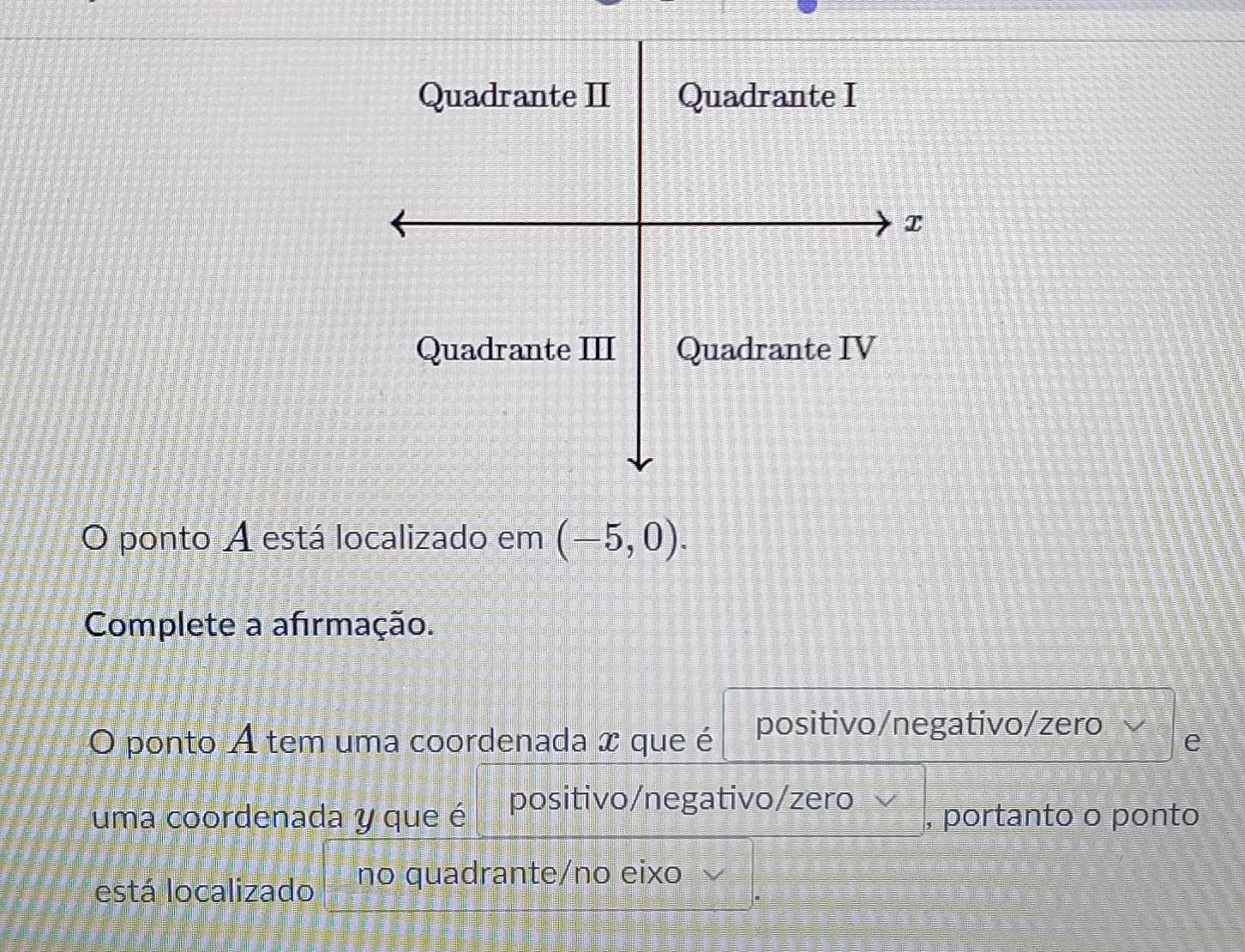 ponto A está localizado em (-5,0). 
Complete a afırmação. 
O ponto A tem uma coordenada x que é positivo/negativo/zero 
e 
uma coordenada y que é positivo/negativo/zero , portanto o ponto 
está localizado no quadrante/no eixo