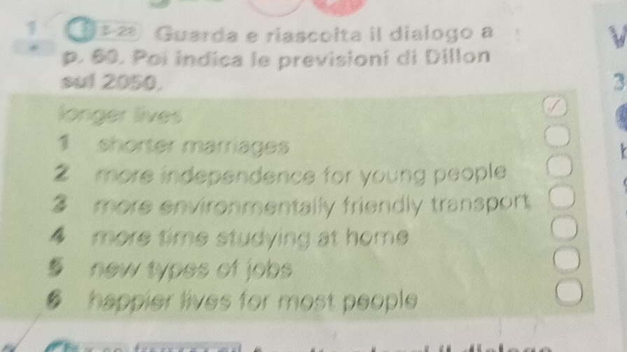 Guarda e riascolta il dialogo a 
p. 60. Poi indica le previsioní di Dillon 
sul 2050. 3 
longer lives 
1 shorter marriages 
2 more independence for young people 
3 more environmentally friendly transport 
4 more time studying at home 
§ new types of jobs 
6 happier lives for most people