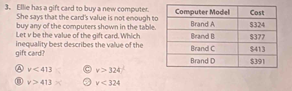 Ellie has a gift card to buy a new computer.
She says that the card's value is not enough to
buy any of the computers shown in the table.
Let v be the value of the gift card. Which
inequality best describes the value of the
gift card?
A v<413</tex>
v>324
B v>413
v<324</tex>