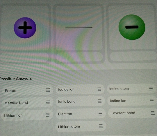 Possible Answers
Proton Iodide ion lodine atom
Metallic bond Ionic bond lodine ion
Lithium ion Electron Covalent bond
Lithium atom